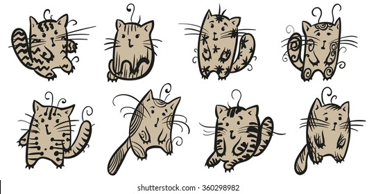 cats are drawn in style of graphics, in quantity eight pieces