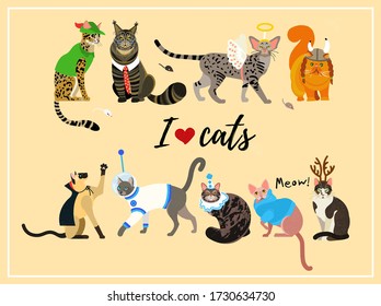 Cats Dressed In  Costumes. Vector Illustration.