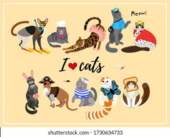 Cats Dressed In  Costumes. Vector Illustration.