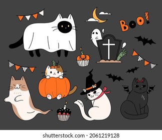 Cats dressed up for Halloween  Cute Halloween elements collection vector illustration 