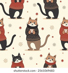 cats drinking tea on snowflakes background