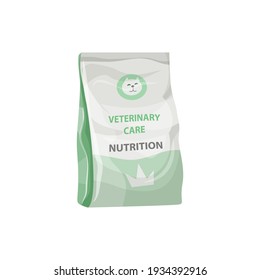 Cats dry food, pets veterinary nutrition meals, vector pack bag. Domestic animals health and cats care nutrition food or vet dietary supplement and treats, pets feeding and health