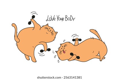 Cats with dumbbells, exercises, fitness, sports. Inscription, text. Body positive. Funny funny pet, cartoon kitten. Drawing, doodle illustration.