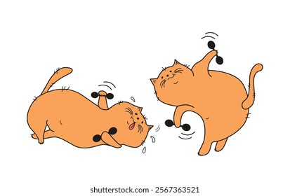 Cats with dumbbells, exercises, fitness, sports. Body positive. Funny funny pet, cartoon kitten. Drawing, doodle illustration.