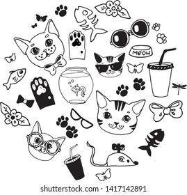 Cats and elements doodle, black and white, coloring
