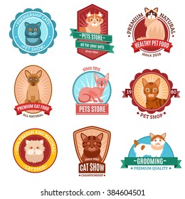 Cats emblem set with pet shop and veterinary clinic symbols isolated vector illustration