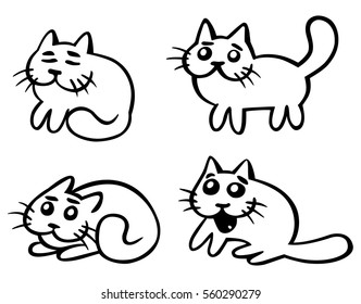 Cats emoticons set. Funny cartoon cool character. Contour digital drawing cute cats. White color background. Cheerful pet collection for web icons and shirt. Isolated vector illustration.