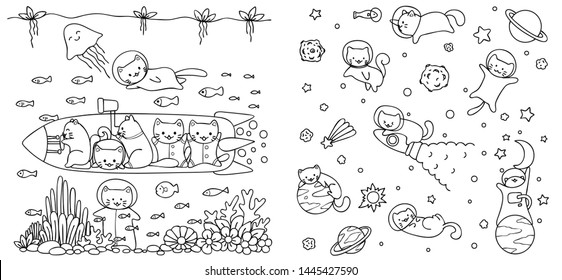 Cats enjoy diving and flying in space for design element, engraving, print on product or coloring book. Vector illustraton