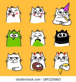 Expresiones de gatos. Mascotas de caricatura con emociones lindas, sonrisas creativas de animales domésticos, ilustración vectorial de emoji gracioso de gato con ojos grandes aislados en fondo amarillo