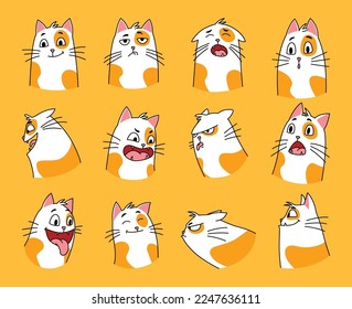 Cats expressions set. Cartoon pets with cute emotions, creative emoji of home animal. Vector illustration of funny mood of cat with big eyes isolated on yellow background