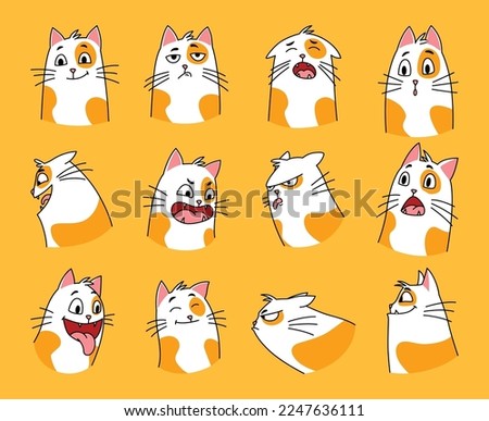 Cats expressions set. Cartoon pets with cute emotions, creative emoji of home animal. Vector illustration of funny mood of cat with big eyes isolated on yellow background