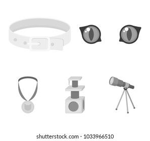 Cat's eyes, a collar, a house for a cat, a medal on a ribbon.Cat set collection icons in monochrome style vector symbol stock illustration web.