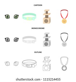Cat's eyes, a collar, a house for a cat, a medal on a ribbon.Cat set collection icons in cartoon,outline,monochrome style vector symbol stock illustration web.