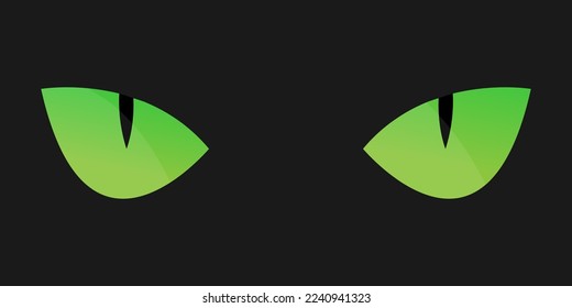 Cat's eyes in a dark. Dangerous eyes of a cat. Hunter eyes. Green cat eyes flat vector illustration. A black cat