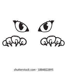 Ojos y garras de gato con garras. Silueta vectorial de ojos de gato y patas.