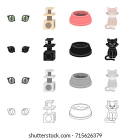 Cat's eyes, a scratching, a bowl for food, a sick kitten.Cat set collection icons in cartoon black monochrome outline style vector symbol stock illustration web.
