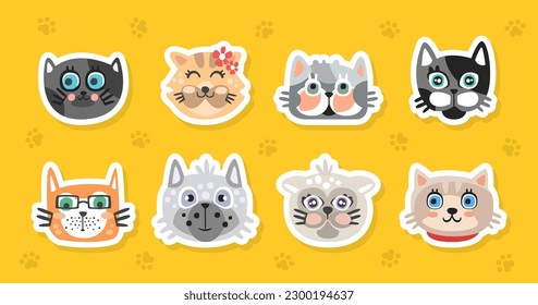 Cats Face and Avatars as Funny Kitten Muzzle Stickers Vector Set