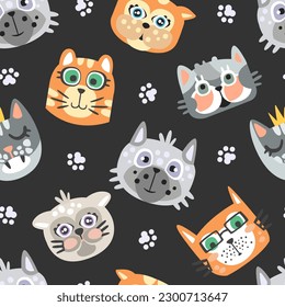 Cats Face and Avatars as Funny Kitten Muzzle Vector Seamless Pattern