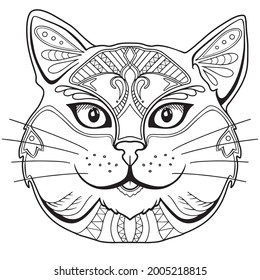 Cat's face. Page of coloring book. Ornamental art. Vector illustration isolated on white background.