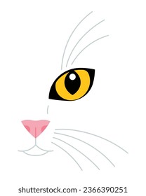 Cats face silhouette. Feline head - yellow eye, ear, pink nose, long whiskers. Abstract pet portrait, front view. Minimalist vector illustration. Isolated