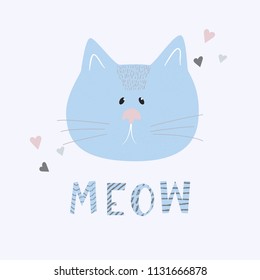 Cats face with text - Meow. Vector illustration, ideal template for kids greeting card orinvitation.