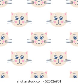 Cats face. Vector seamless pattern with smiling kitten heads. On white background. Childish design. 