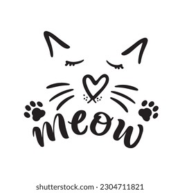 Cat's face with whiskers and ears, a heart-shaped nose. Meow, cat cute print. Vector lettering, cute slogan about cat. Vector flat cat nose. Outline cat's head graphic icon. Pet. Muzzle of an animal. 