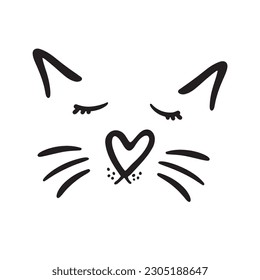 Cat's face with whiskers and ears, a heart-shaped nose. Cute cat head. Vector flat cat nose. Outline cat's head graphic icon. Pet. Muzzle of an animal. Vector illustration on a white background.