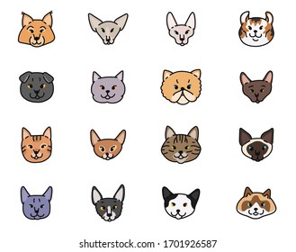 Cats faces breeds vector set contour sketch isolated illustration.