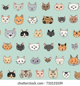 Cats faces cartoon doodle vector seamless pattern.