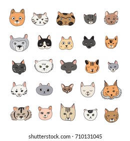 Cats faces cartoon doodle vector illustrations set.