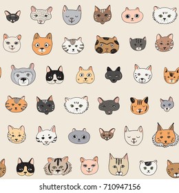 Cats faces cartoon doodle vector seamless pattern.