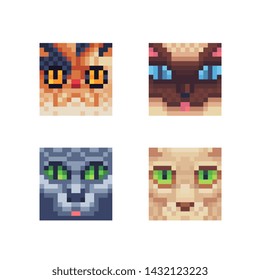 Cats faces icons, Pixel art. Cat head. Stickers design. Cat's muzzle. Isolated vector illustration. 