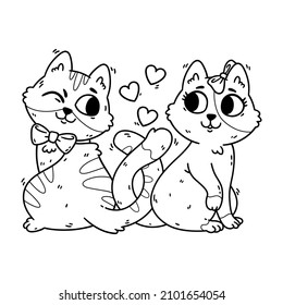 Los gatos se enamoran y nublan sus colas. postal del 14 de febrero con animales domésticos. Romántica tarjeta de felicitación de San Valentín de gatitos. Colorido de la página. Ilustración vectorial aislada en blanco.