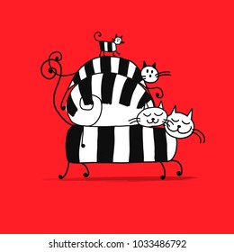 Cats family with kittens, sketch for your design