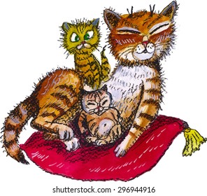 Cat's family. Mother a cat with two kittens lies on a pillow. Vector water color. Children's illustration 