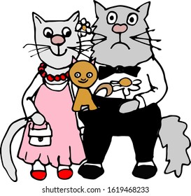 Cats family vector portrait on a white background. mom cat, dad cat and kitten. To create holiday cards, invitations and any other creativity, a cool cat family, vector.