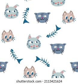 Cats and fish seamless pattern. Cute kitten faces and fish skeleton. Creative nursery background. Perfect for kids design, fabric, packaging, wallpaper, textiles, clothing. Vector cartoon illustration
