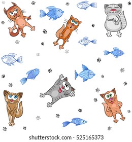 Cats and fish seamless pattern. Kittens endless vector print, cartoon style