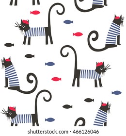 Cats and fish vector background. French style dressed cartoon animals seamless pattern. Cute design for print on baby's clothes, textile, decor.