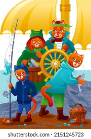 Cats fisherman. Cartoon captain in sail boat. Cute vector kids illustration with animal sailors. Sea ship with fishing cat characters for kid. Funny summer vector with fish, water, childrens adventure