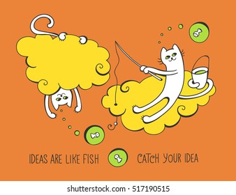 Cats are fishing on the clouds. Ideas are like fish. Concept of the catching the idea. Vector illustration. Cute character design. Cartoon hand drawn style.