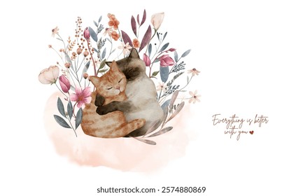 a cats with floral background watercolor, Illustration for design, print, background, card