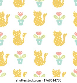 Cats and flower seamless pattern. Cute pattern for fabric design. Cartoon vector illustration. Background with cats