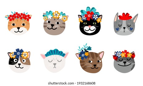 Cats in flower wreaths. Cat faces, cute pets wear floral elements. Boho doodle cartoon kitten emoticons vector set