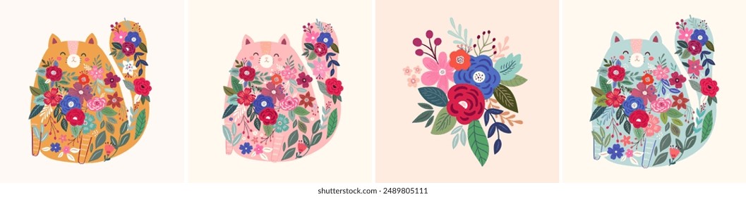 Cats and flowers. Beautiful flower collection of posters with roses, cats, leaves, floral bouquets, flower compositions. Notebook covers