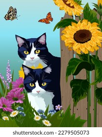 Cats with flowers illustration.Vector illustration with cats and flowers near a wooden fence.