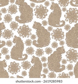 Cats and flowers, ornamental cats, paisley floral pattern, beige and white colors. Seamless floral pattern-692.