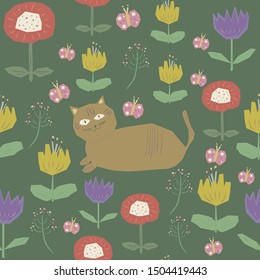 Cats and flowers, seamless pattern
