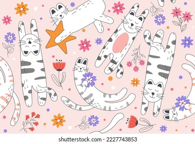 Cats and flowers seamless pattern. Repeating design element for printing on fabric. Flora and fauna, animals and plants. Design for romantic gift card. Valentines day. Cartoon flat vector illustration